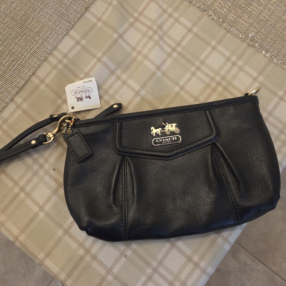 Coach Black Leather Wristlet with Gold Hardware